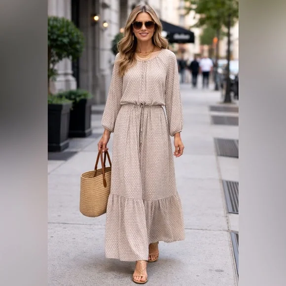 DKNY Women's Neutral Keyhole Neck Long Sleeve Peasant Tie Waist Maxi Dress XL - Picture 1 of 11